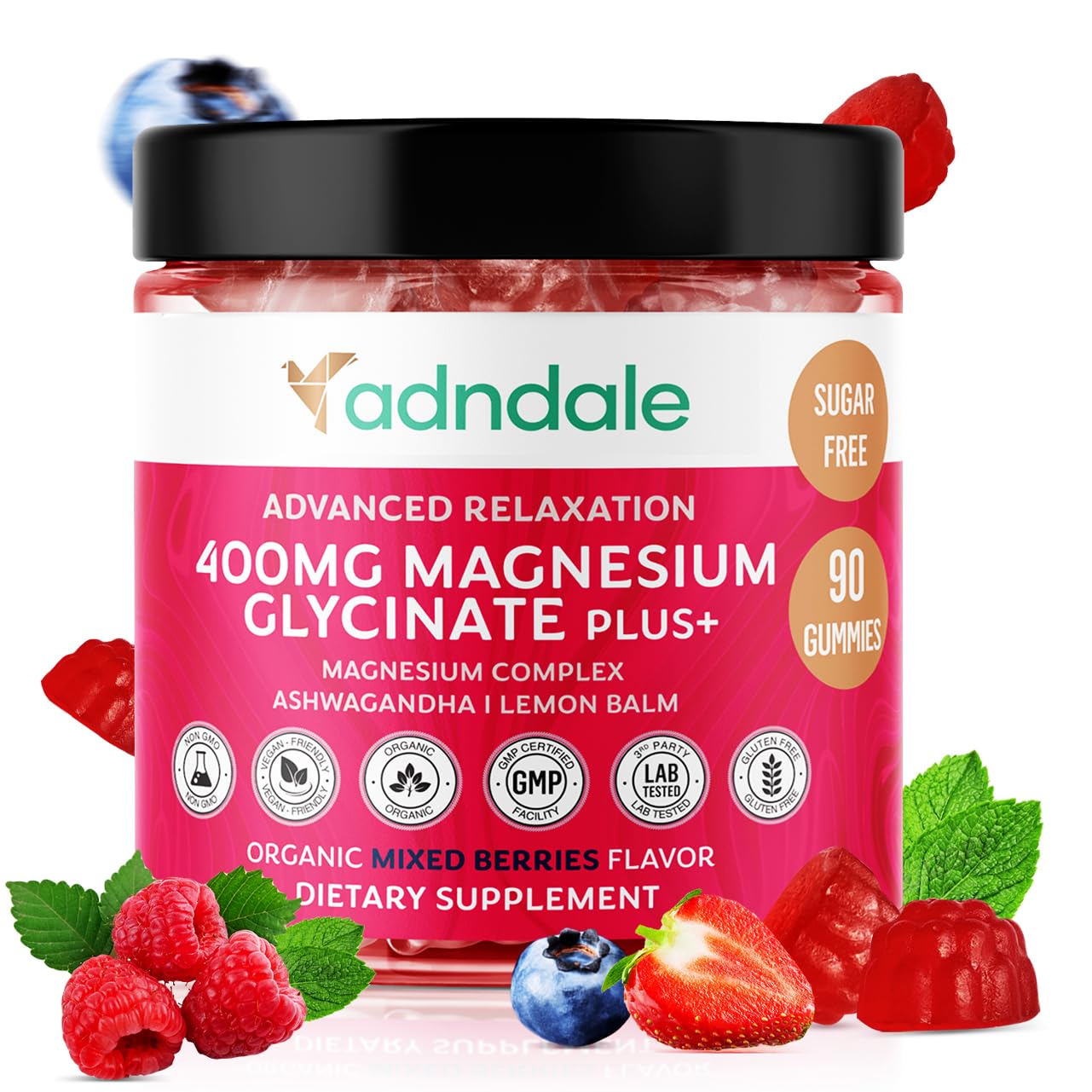Adndale 90 ct Magnesium Glycinate Gummies with Ashwagandha & Taurate – Sugar-Free