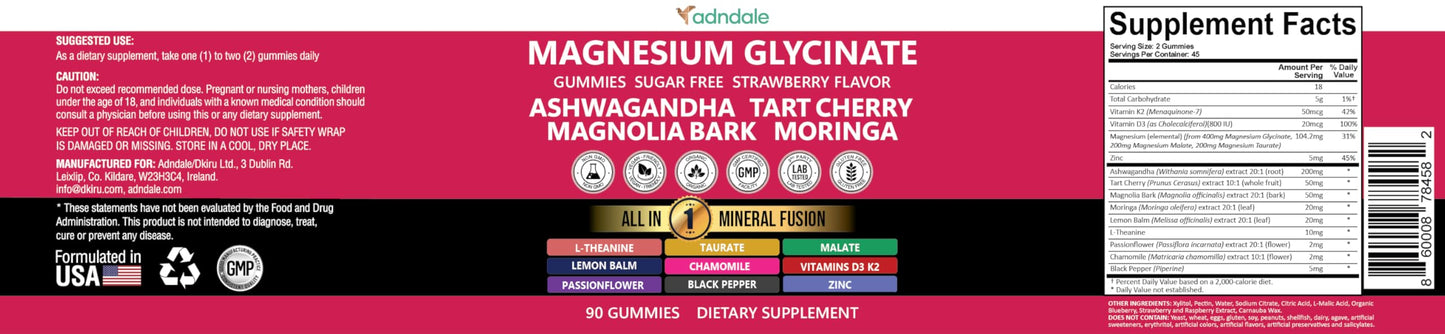 Adndale 90ct 15-in-1 Magnesium Glycinate Gummies (400 mg/serv) – with Magnesium Malate, Ashwagandha, Tart Cherry, Zinc & Vitamins K2 & D3