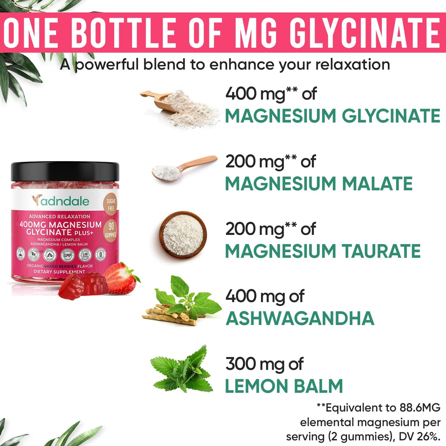 Adndale 90 ct Magnesium Glycinate Gummies with Ashwagandha & Taurate – Sugar-Free