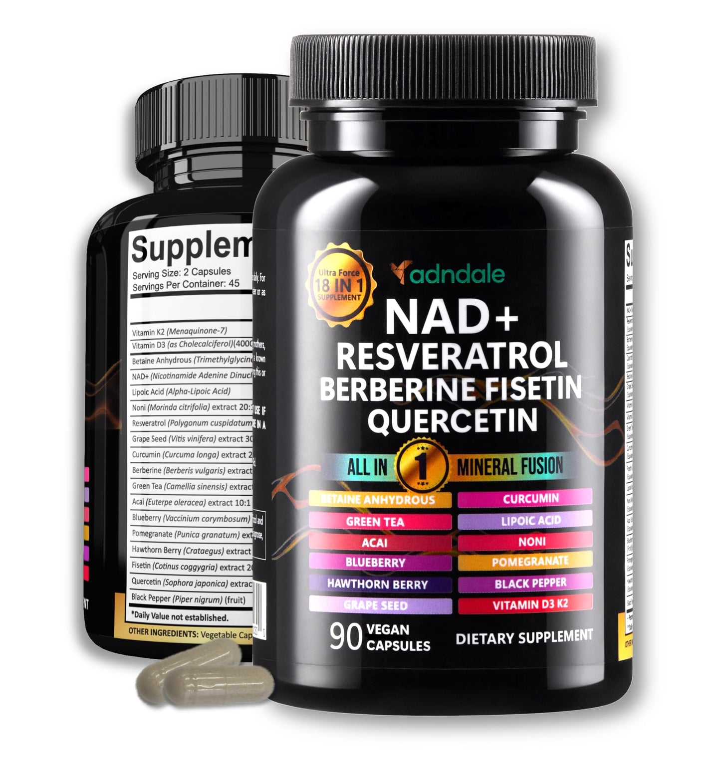Adndale NAD Resveratrol Supplement – Liposomal NAD+ NMN Alternative 18-in-1 Fusion (90 Capsules)