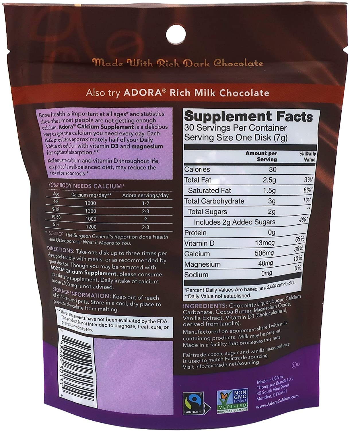 Adora Calcium Supplement Dark Chocolate – 30 ct (Pack of 6)