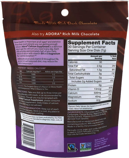 Adora Calcium Supplement – Fairtrade Dark Chocolate, Pack of 12 - 30 ct