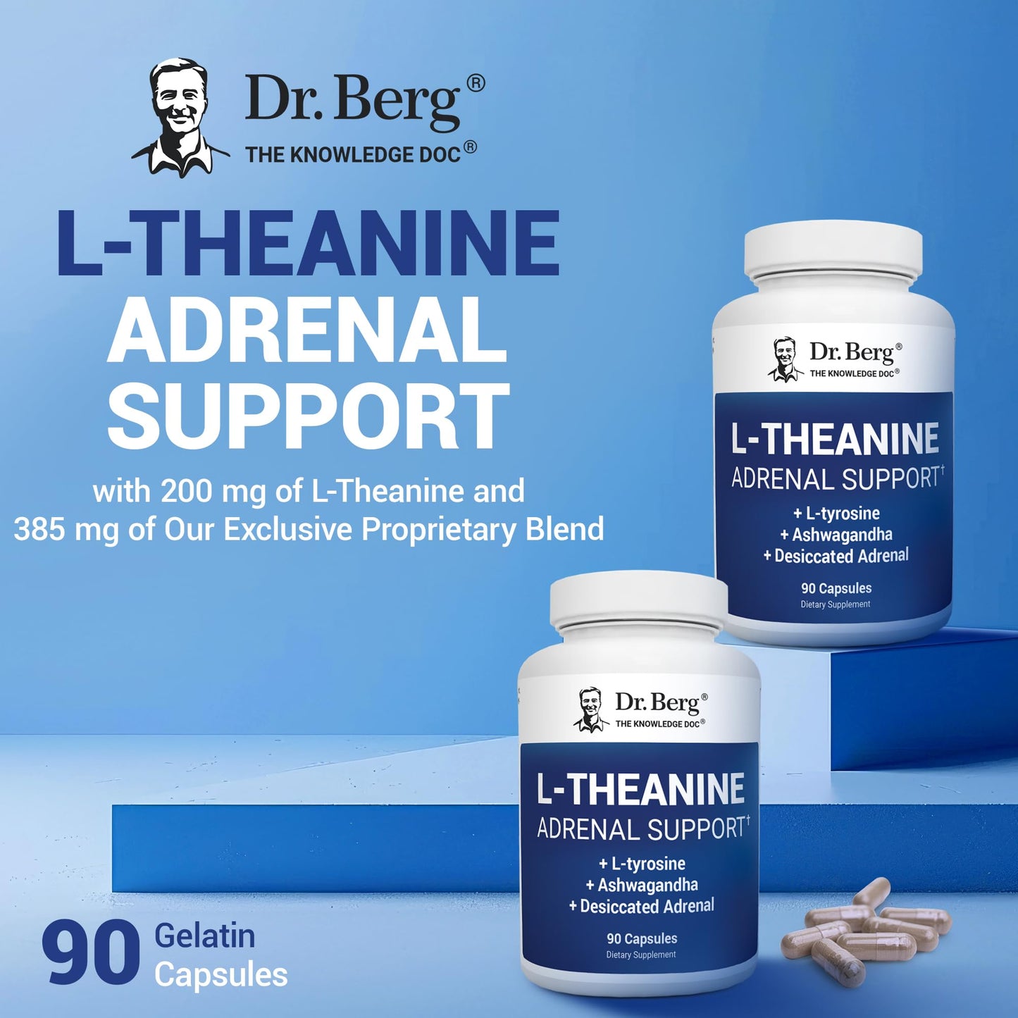 Dr. Berg L-Theanine 200mg - Adrenal Support, Stress Relief & Mental Clarity - 90 Gelatin Capsules