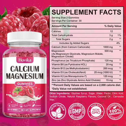 Calcium Magnesium Zinc Gummies 2:1 with D3 K2 B6 B12 – Vegan Raspberry 120