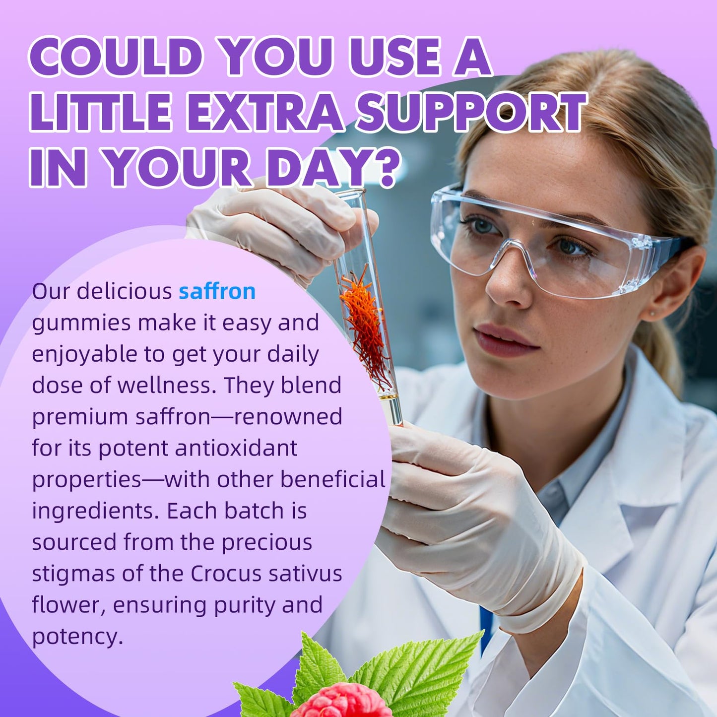 Saffron Gummies for Adult Kids - 88.5mg Saffron, Mood & Focus, Vegan Raspberry 60 Gummies