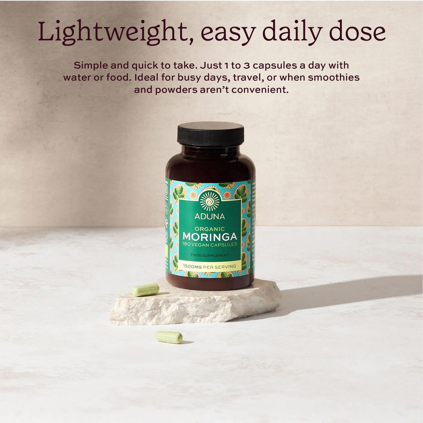 Aduna Organic Moringa Capsules 1500mg | 100% Pure Moringa Leaf for Energy, Immunity & Focus | Natural Plant-Based Food Supplement for Tiredness, Recovery & Breastfeeding | 180 Vegan Capsules