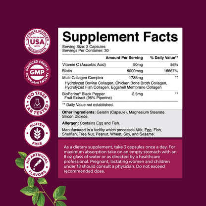 Advanced Multi Collagen Complex with Biotin – Type 1–X, Hair Skin Nails, 90 Count