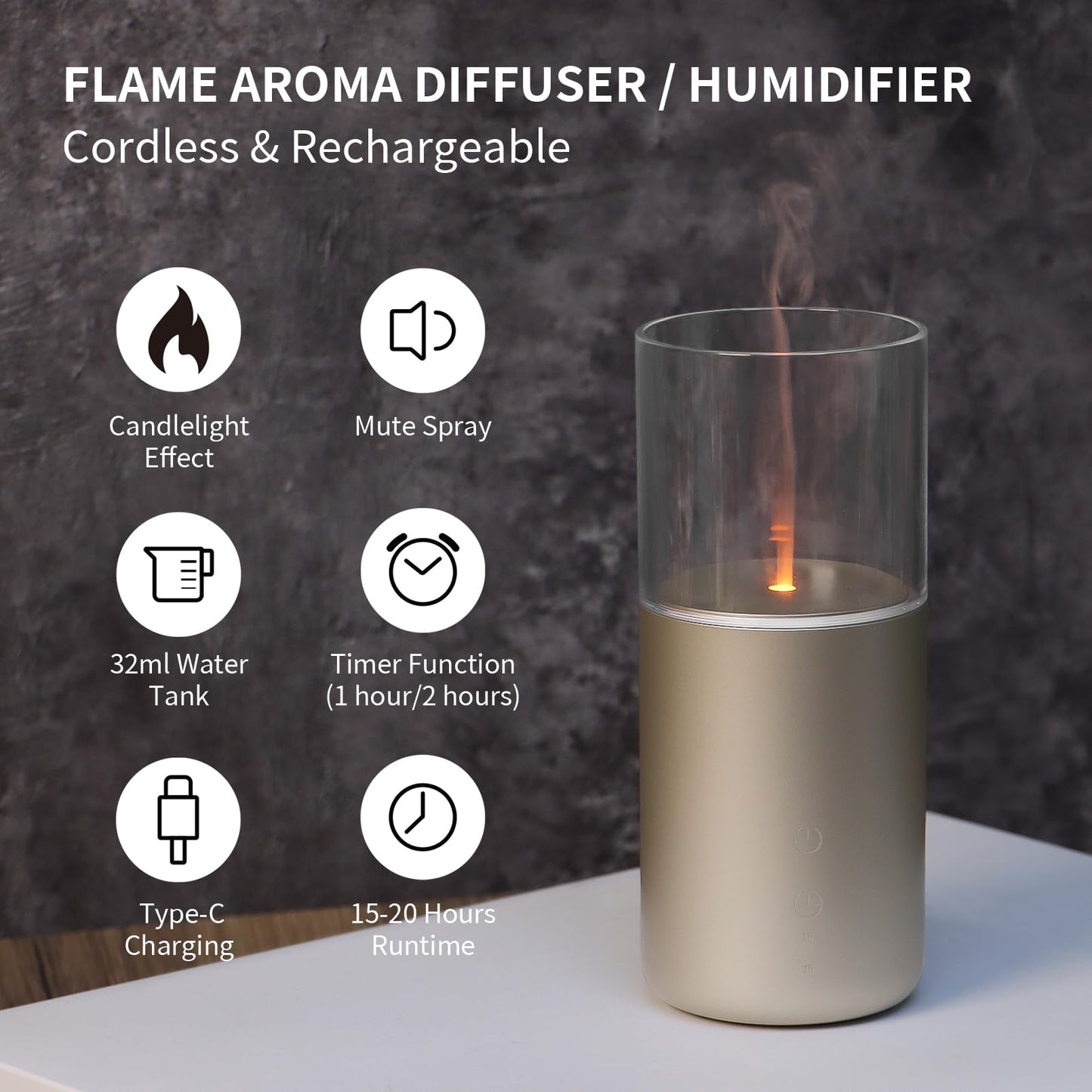 Aeeteek Essential Oil Diffuser – Candlelight Flame, Cordless 32ml with Night Light
