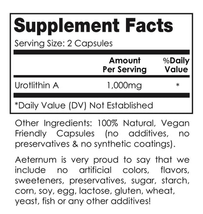 Aeternum Urolithin A UA Capsules 500mg - 180 Capsules (1000mg per Serving)