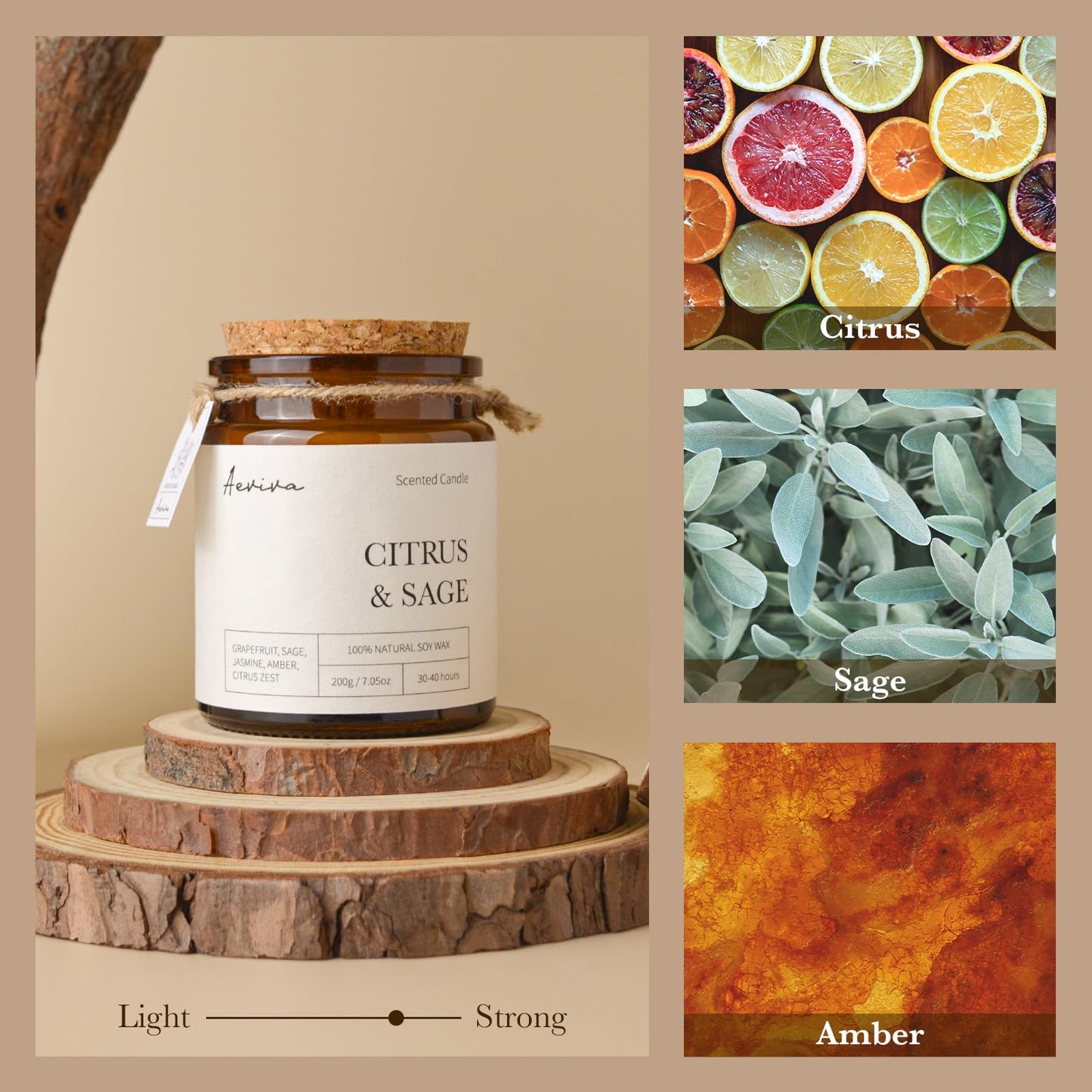 Aeviva Citrus & Sage Scented Candle – 7.05 oz Natural Soy Wax, Double Wood Wick, Amber Jar Gift