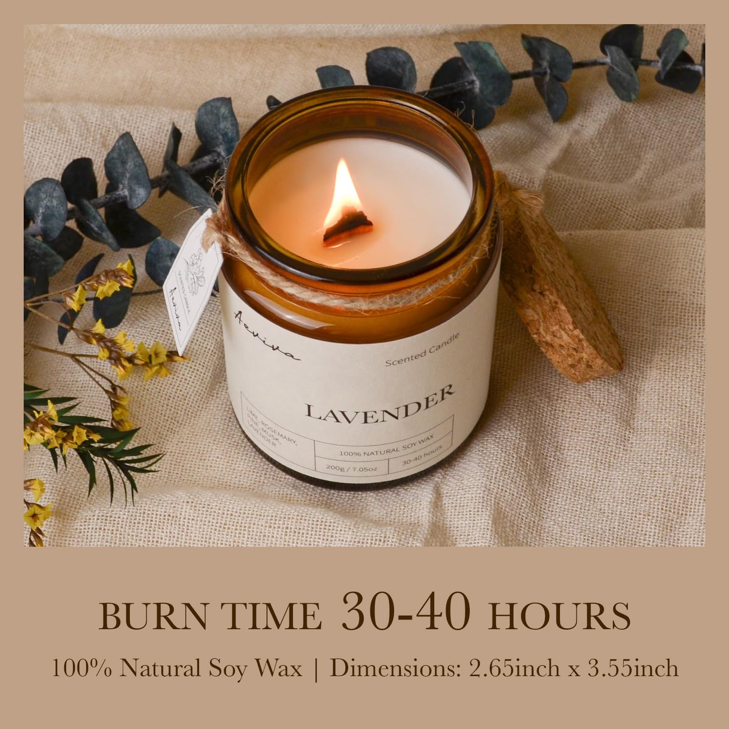 Aeviva Lavender Scented Candle – 7.05 oz Natural Soy Wax, Double Wood Wick, Amber Jar Gift
