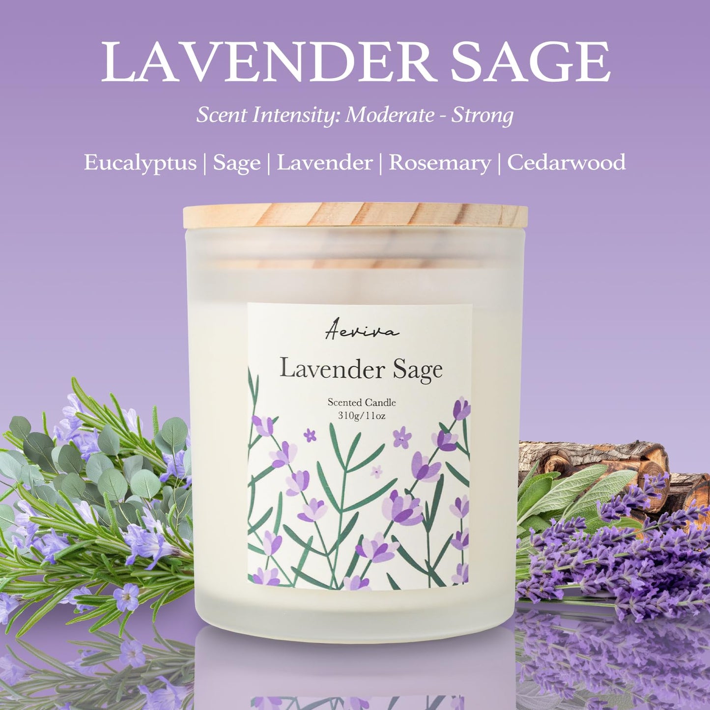 Aeviva Lavender Sage Scented Candle – 11oz Soy Wax, 60 Hour Burn