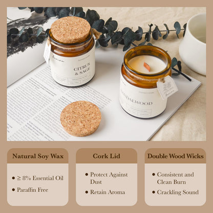 Aeviva Citrus & Sage Scented Candle – 7.05 oz Natural Soy Wax, Double Wood Wick, Amber Jar Gift