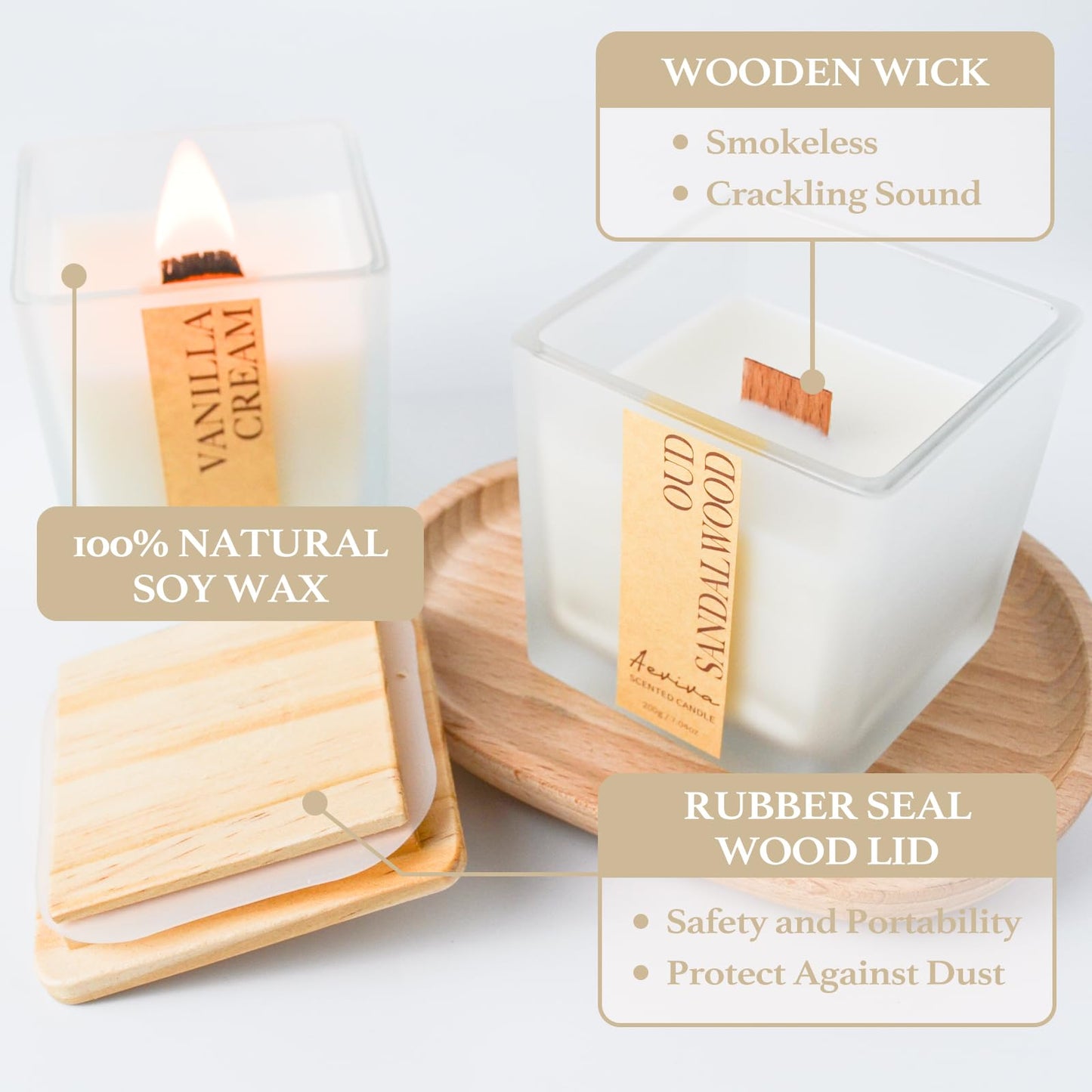 Aeviva Oud Sandalwood Scented Candle – 7.04 oz Soy Wax, Wooden Wick, 45h Burn Time