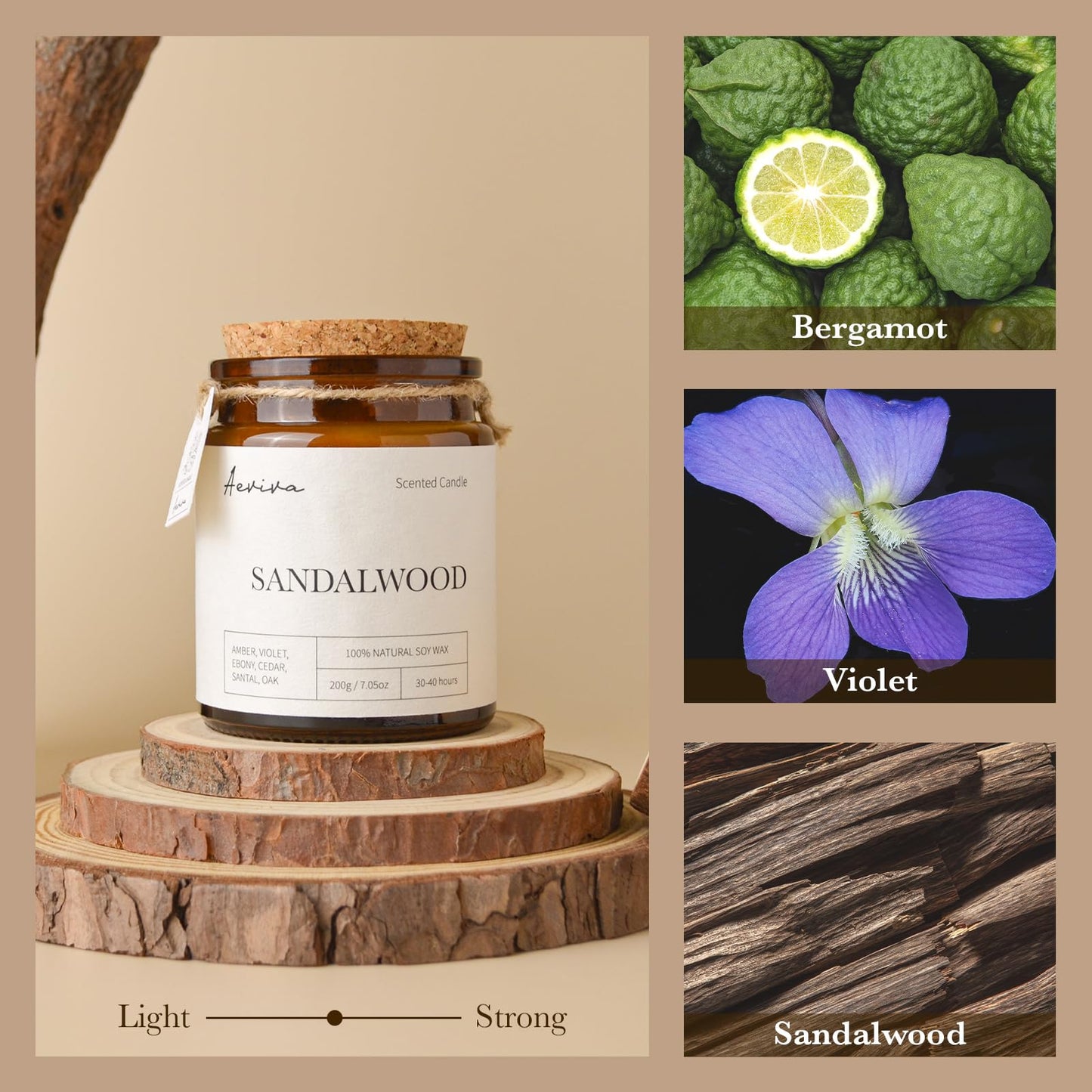 Aeviva Scented Candle – Sandalwood, 7.05 oz, Natural Soy Wax, Wooden Wick, Amber Jar Gift