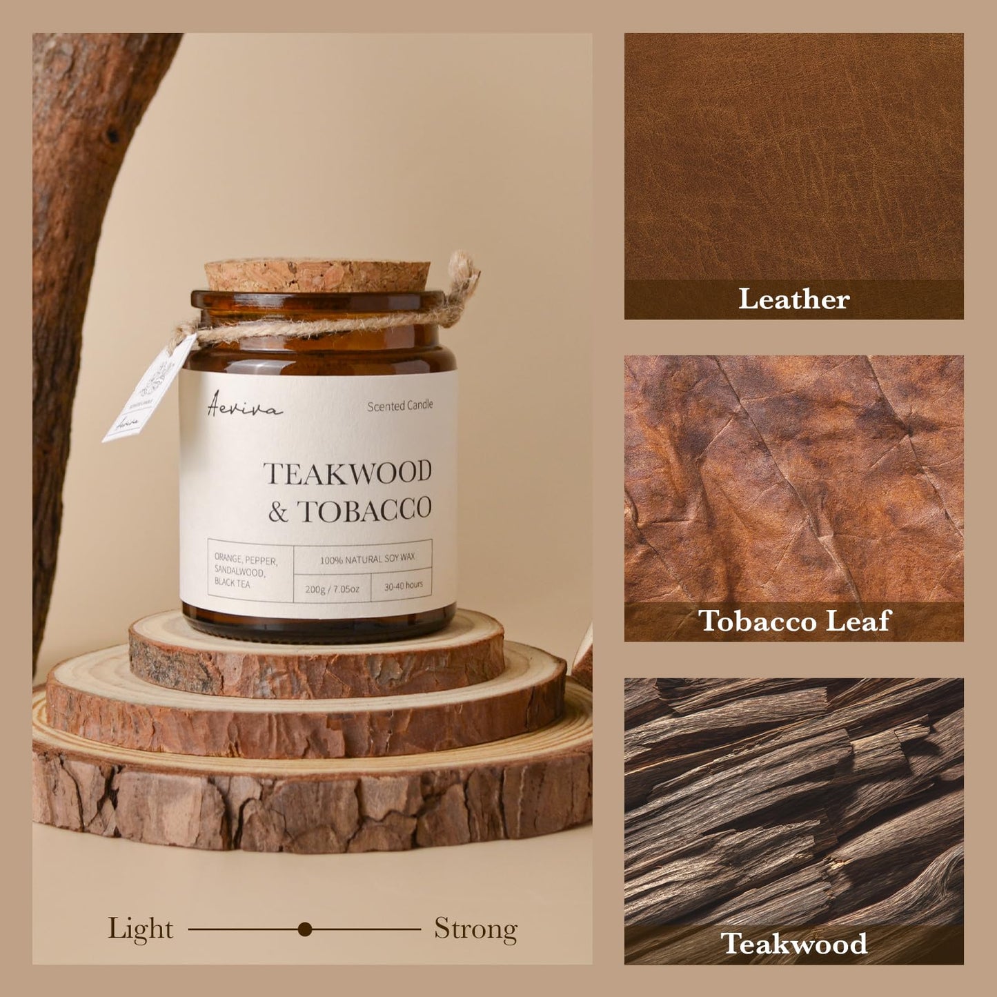 Aeviva Teakwood Tobacco Aromatherapy Candle – 7.05 oz Soy Wax, Wooden Wick