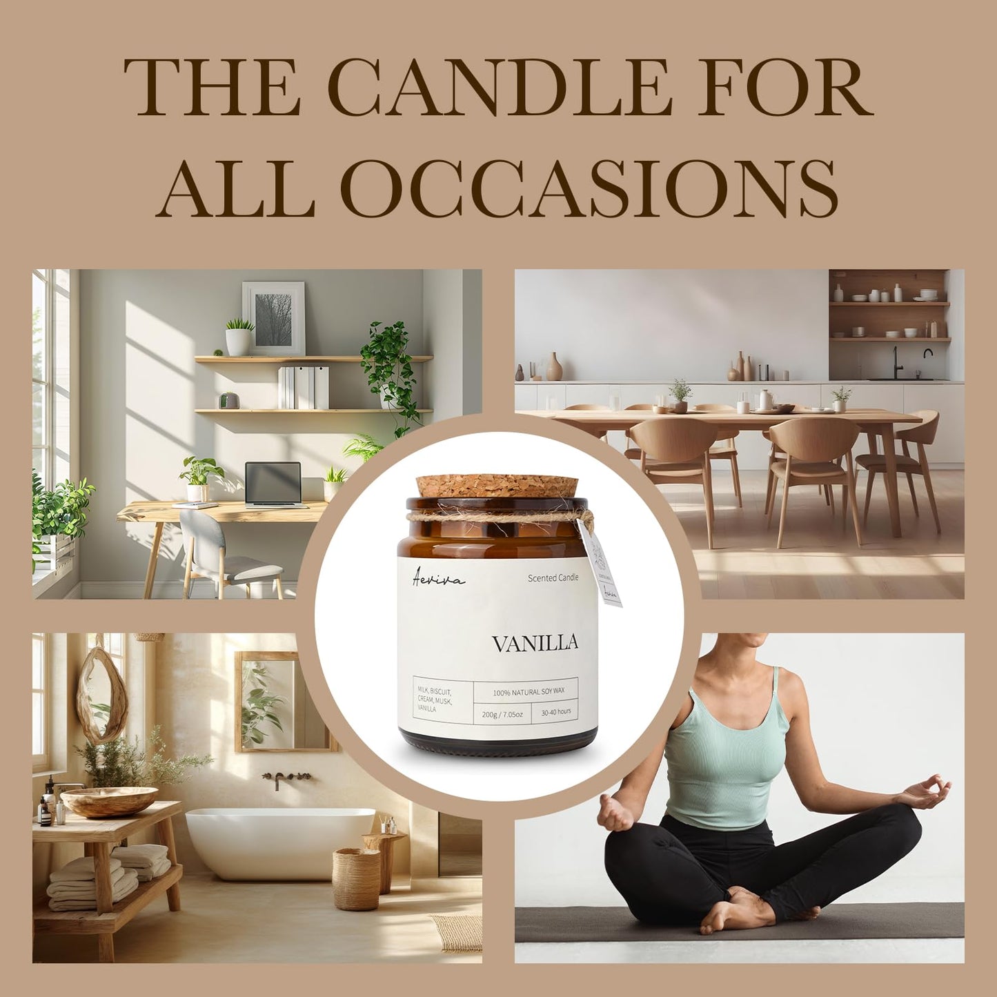 Aeviva Vanilla Scented Candle – Soy Wax, Double Wood Wick, Amber Jar
