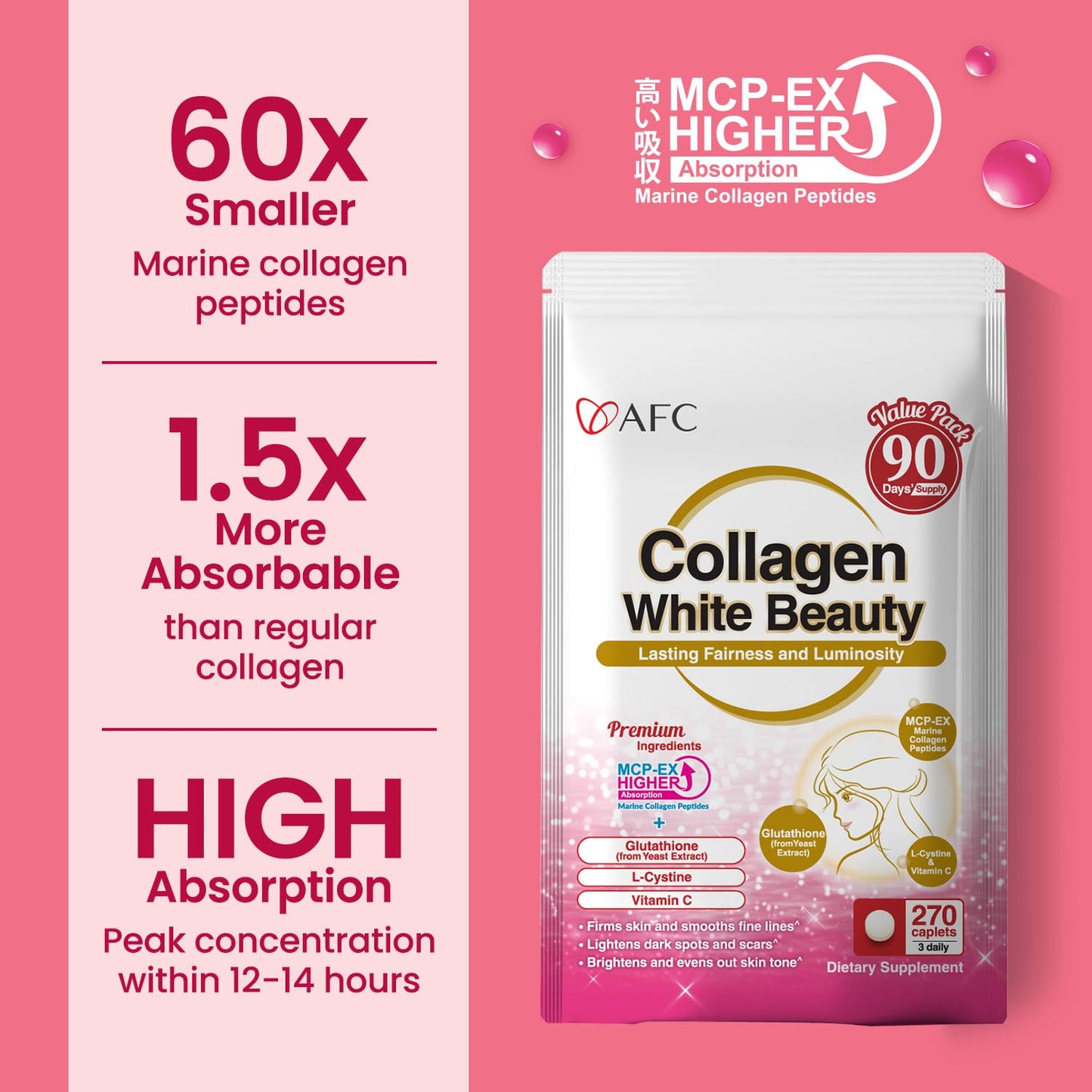 AFC Japan Collagen White Beauty – Marine Collagen, Glutathione & L-Cystine (90 Days Supply)