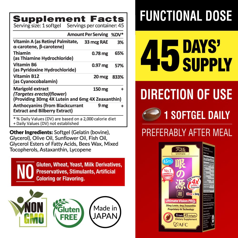 AFC Japan Ultimate Vision PRO – Eye Health Vitamins (Lutein 4X, Zeaxanthin) – 3x45 Softgels