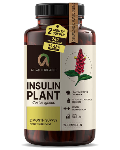 Afiyah Organic Costus Igneus Capsules – Premium Insulin Plant (240 Veggie Capsules)