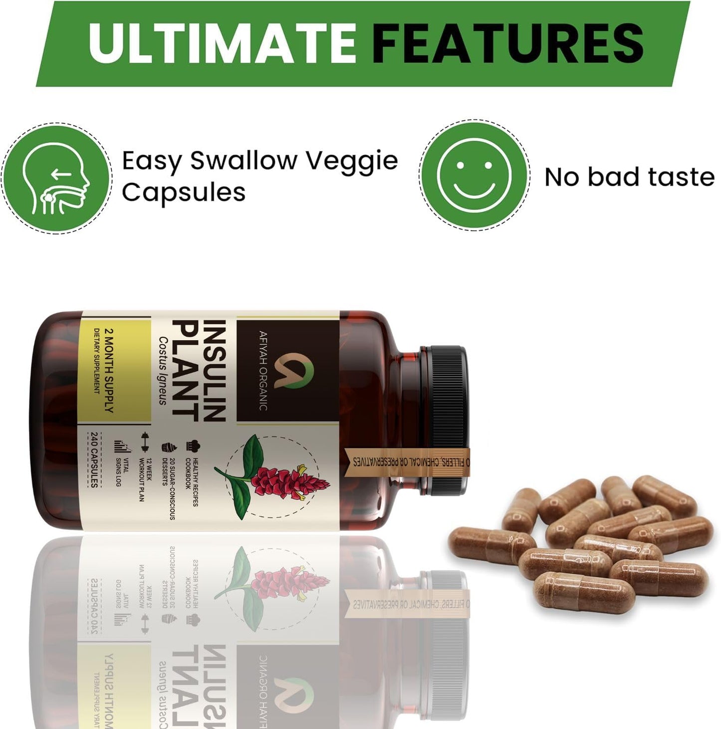 Afiyah Organic Costus Igneus Capsules – Premium Insulin Plant (240 Veggie Capsules)