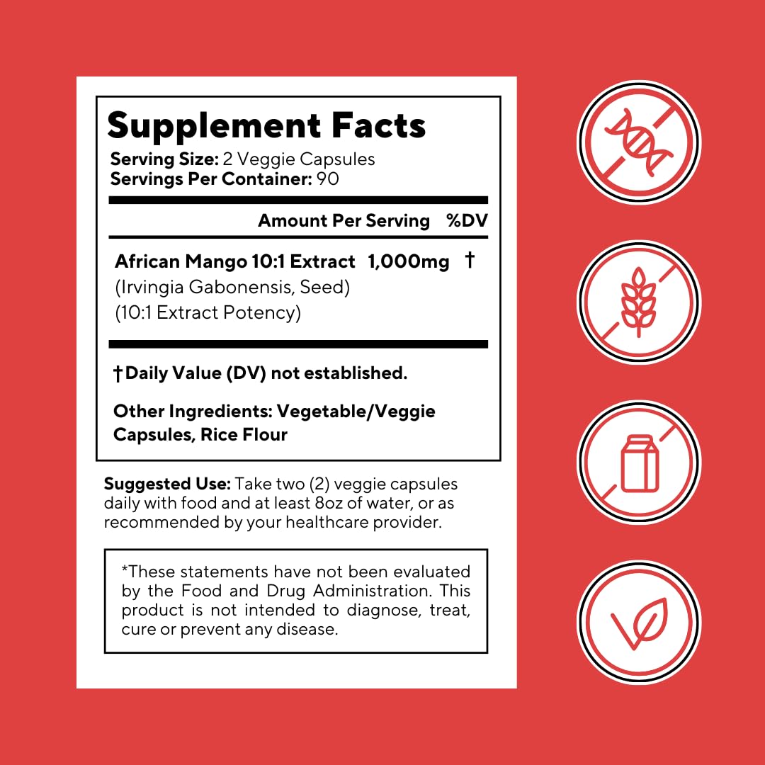 African Mango Capsules for Immune Support, Metabolism & Wellness - Pure 10:1 Irvingia Gabonensis Extract, 180 Veggie Capsules (Non-GMO, Gluten-Free, Vegan)