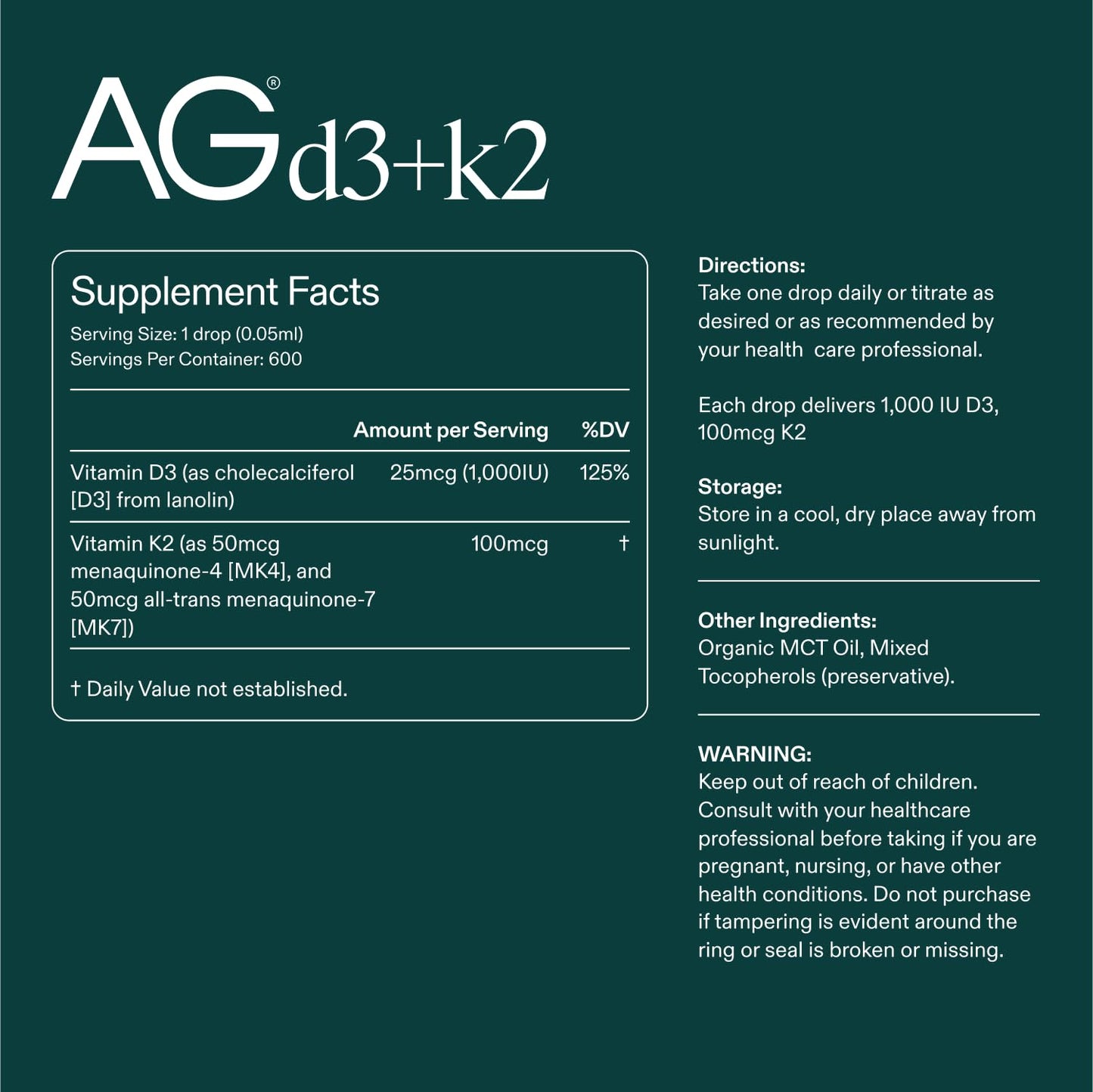 AG1 Vitamin D3 K2 Drops – 1000IU D3, 100mcg K2 per Serving | Supports Bone Density