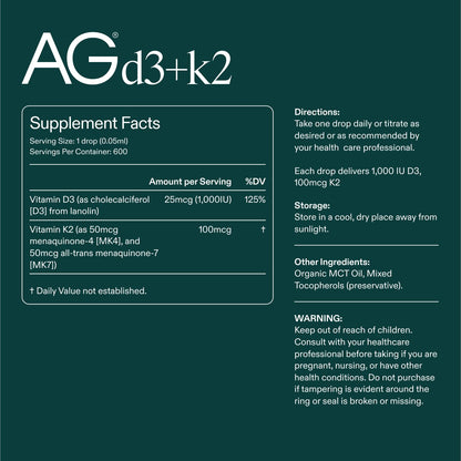 AG1 Vitamin D3 K2 Drops – 1000IU D3, 100mcg K2 per Serving | Supports Bone Density