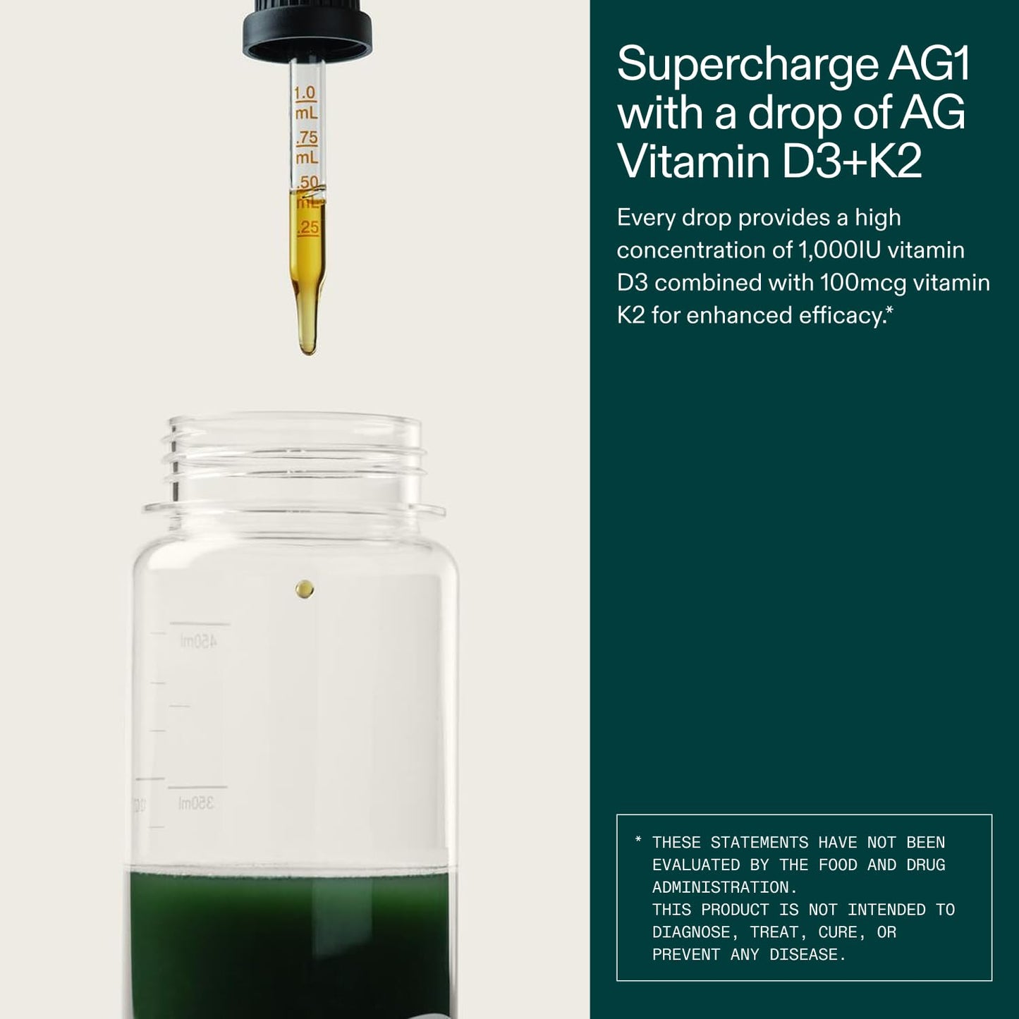 AG1 Vitamin D3 K2 Drops – 1000IU D3, 100mcg K2 per Serving | Supports Bone Density