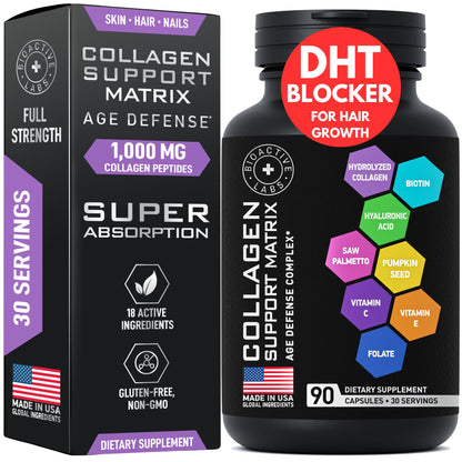 Age Defense Beauty Collagen Matrix – 2,000mg Multi Collagen, Biotin, Keratin, Hyaluronic Acid | 90 Gluten-Free Caps