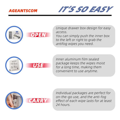 ageantscom Anti Fog Wipes for Glasses (100-Pack) – Pre-Moistened, Quick-Dry, Streak-Free