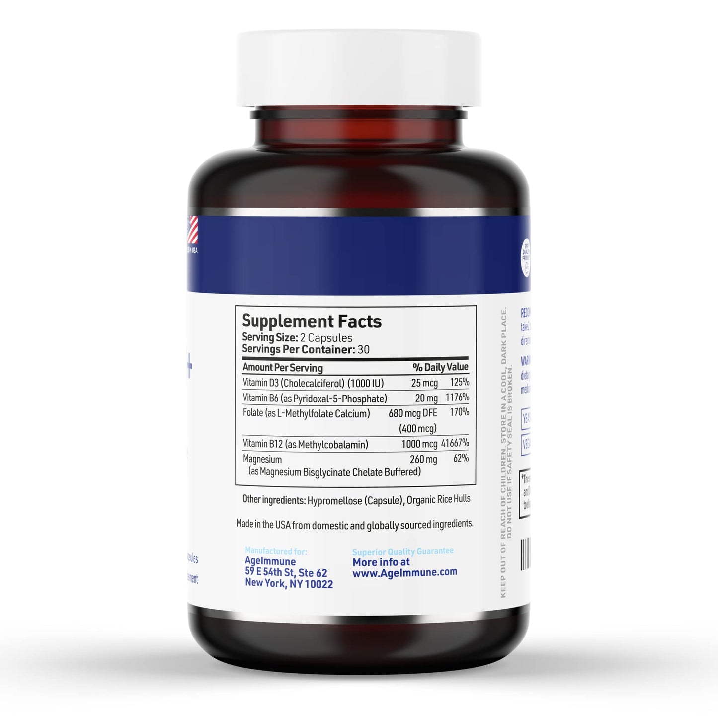 AgeImmune Vitamin B Complex with D3, Methylfolate – Doctor Formulated, Niacin-Free, 60 Capsules