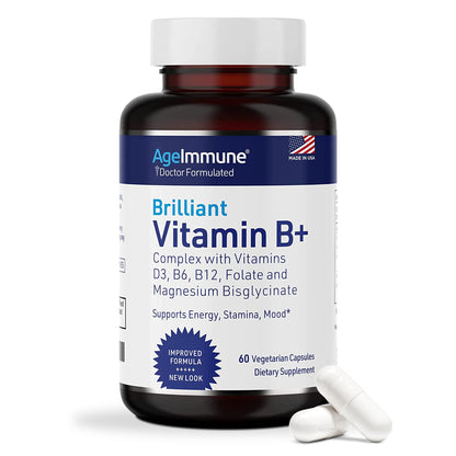 AgeImmune Vitamin B Complex with D3, Methylfolate – Doctor Formulated, Niacin-Free, 60 Capsules