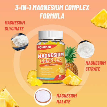 Agumoon Magnesium Gummies 800mg with Zinc & B Vitamins – Pineapple, 120 Count | Non-GMO, Gluten-Free