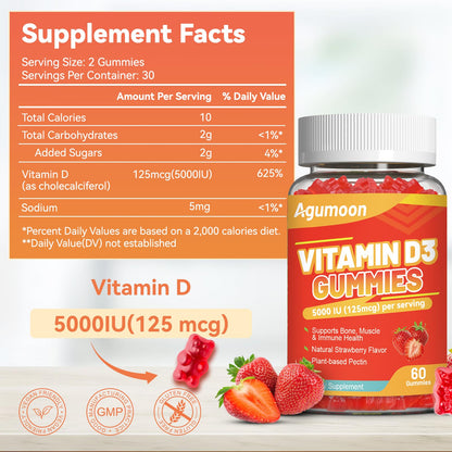 Agumoon Vitamin D3 5000 IU Gummies – 120 Count, Strawberry – Immune Support