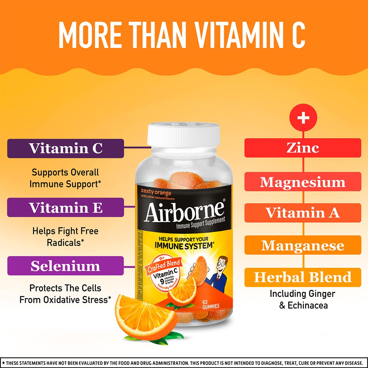 Airborne 750mg Vitamin C Immune Support Gummies – Zesty Orange, Gluten Free | 63 Gummies (3-Pack)