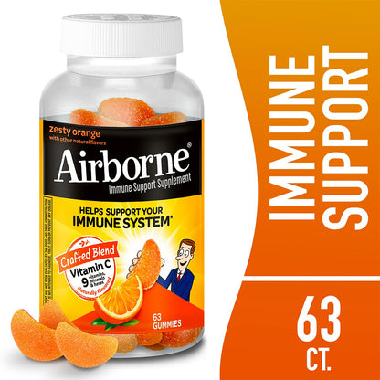 Airborne 750mg Vitamin C Gummies – Immune Support, Zesty Orange, Gluten Free (63 Gummies, 4 Pack)