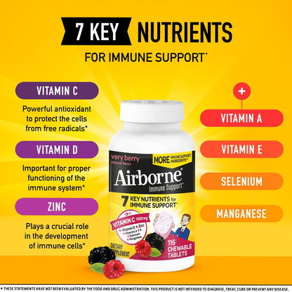 Airborne 1000mg Vitamin C + Zinc Immune Support Chewables – Very Berry, 116 Tablets (2 Pack)