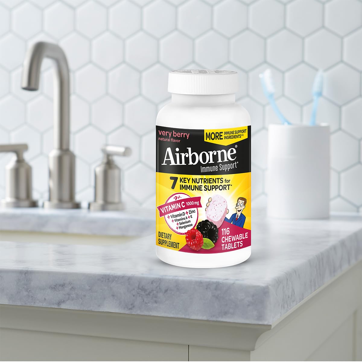 Airborne 1000mg Vitamin C + Zinc Immune Support Chewables – Very Berry, 116 Tablets (2 Pack)
