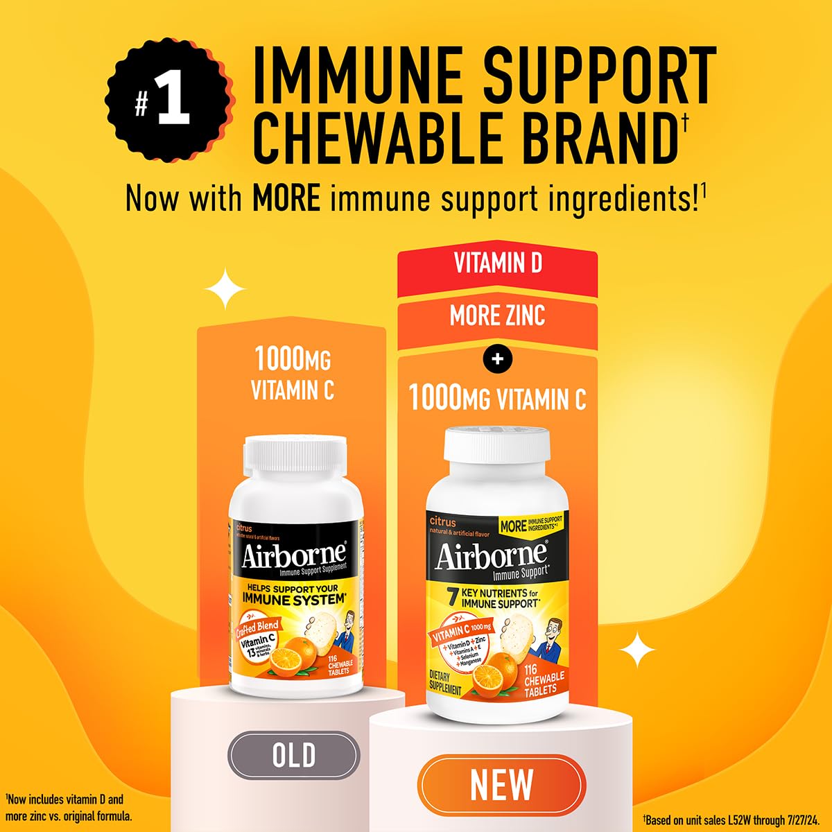 Airborne 1000mg Vitamin C + Zinc Immune Support Chewable Tablets – Citrus, 2 Pack (116 Tablets)