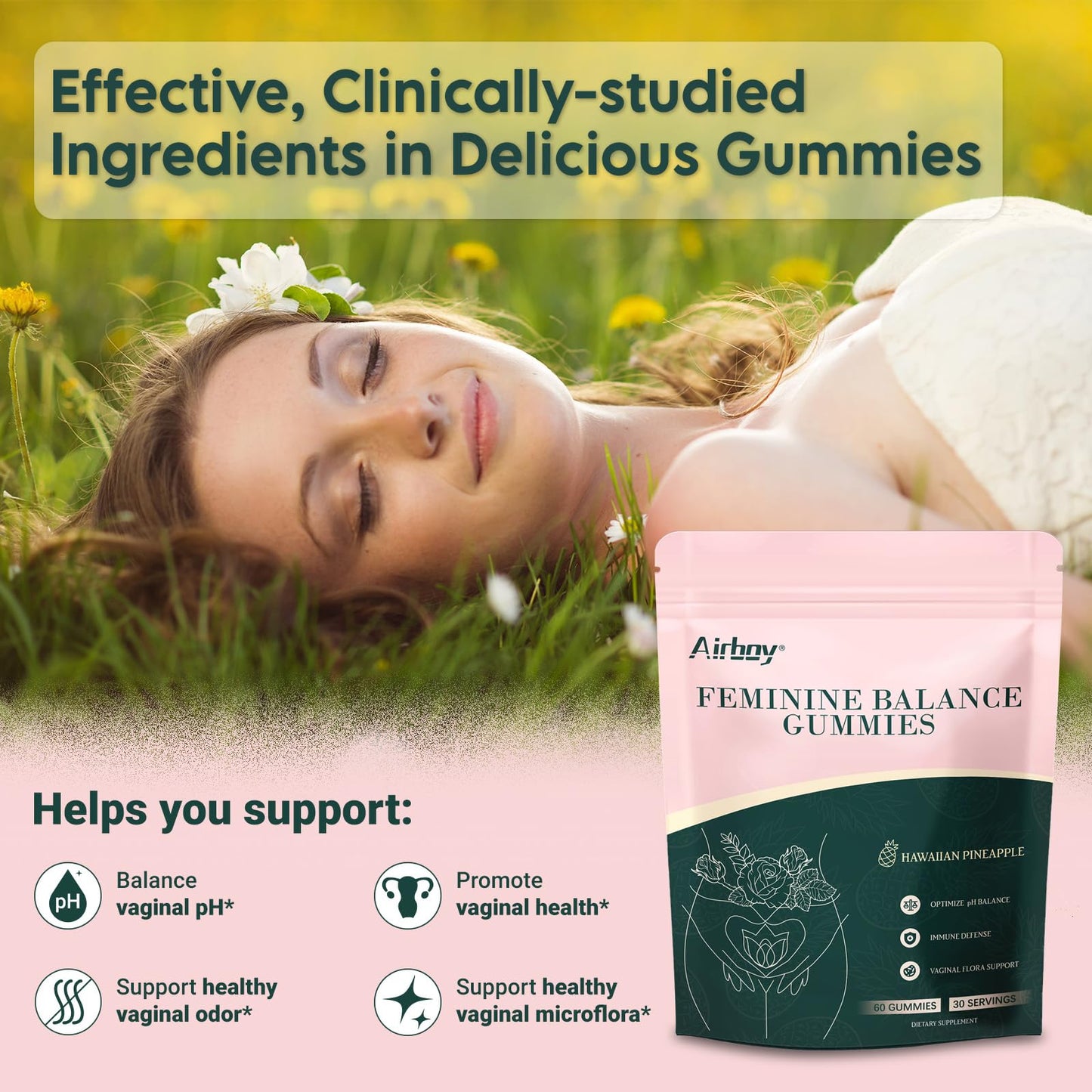 Airboy Feminine Balance Gummies – Pineapple Probiotic for Women | Vaginal Flora & Immune Support – 60 Gummies