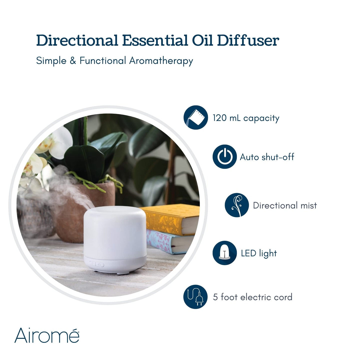 Airomé Simple 120 mL BPA-Free Diffuser with Directional Mist & LED Light