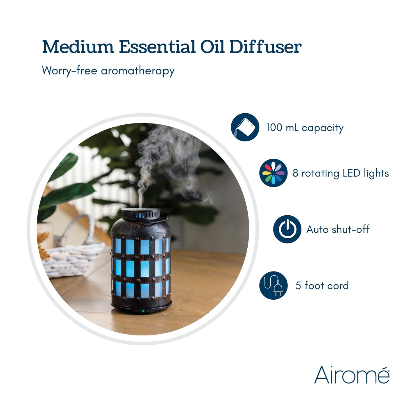 Airome Tavern Medium 100 mL Essential Oil Diffuser | Ultrasonic Diffuser with 8 LED Lights