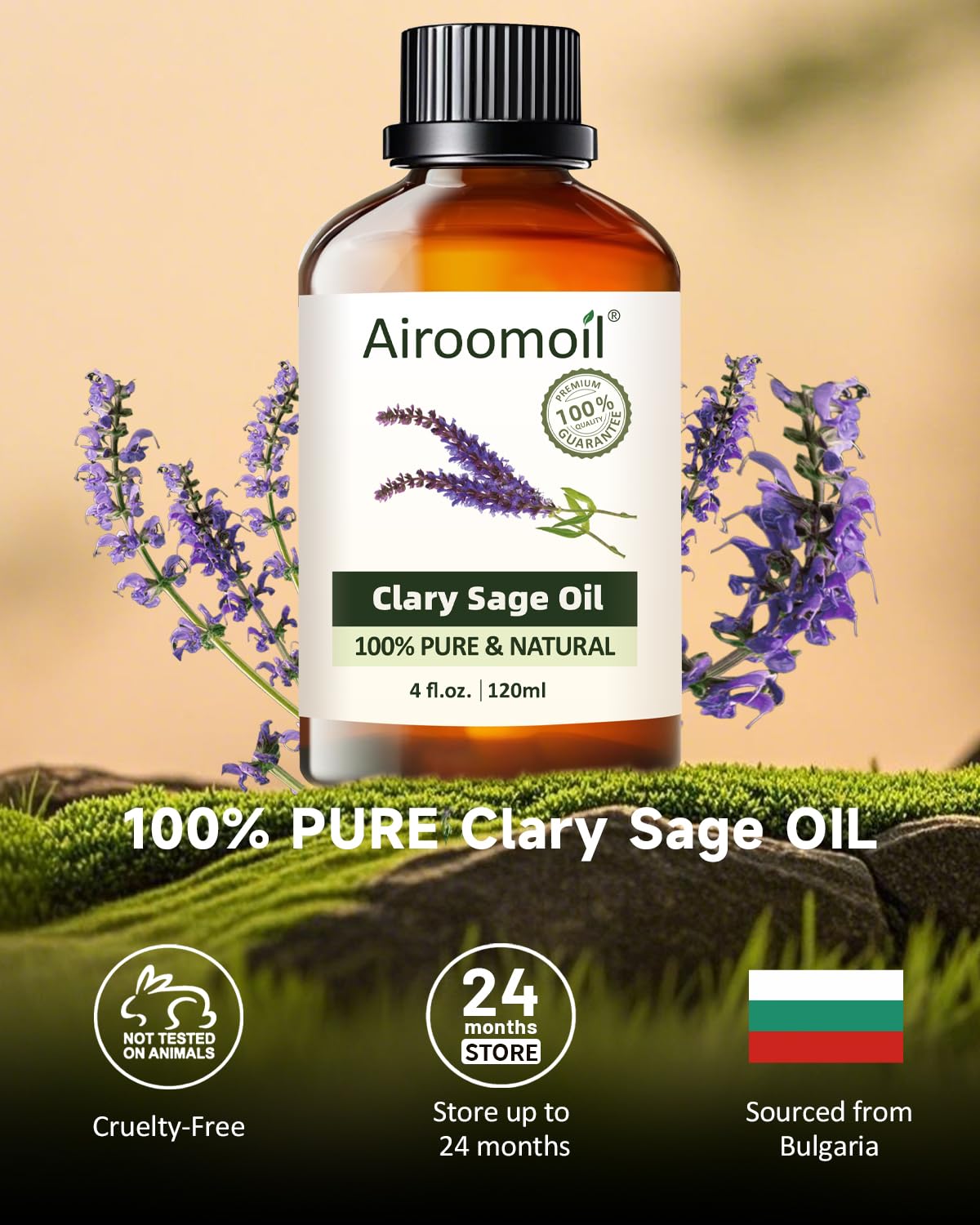 Airoomoil Pure Clary Sage Essential Oil – 4 oz (120 ml), 100% Natural, Premium Grade