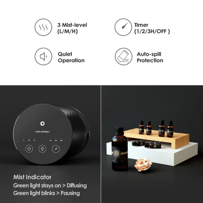 Airversa AN5 Black Waterless Diffuser 100mL – Premium Metal Nebulizer, Battery Operated