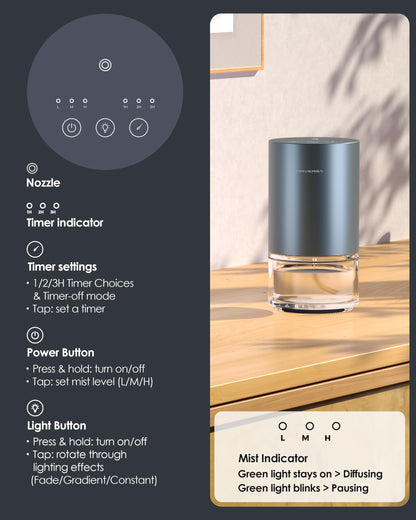 Airversa Waterless Diffuser — Battery-Powered Aromatherapy Nebulizer, 100ml Glass Bottle, 3 Mist Settings, Space Gray