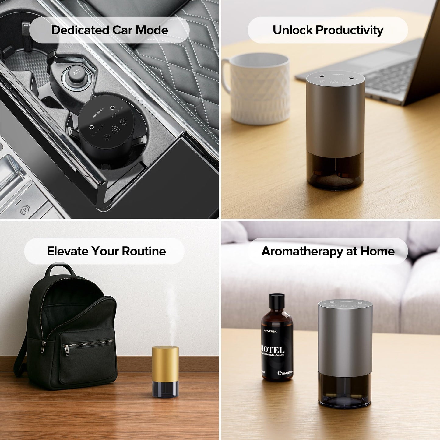 Airversa Waterless Dual-Nozzle Essential Oil Diffuser – 5 Timers, 4 Mist Levels, Car Mode, Iron Grey
