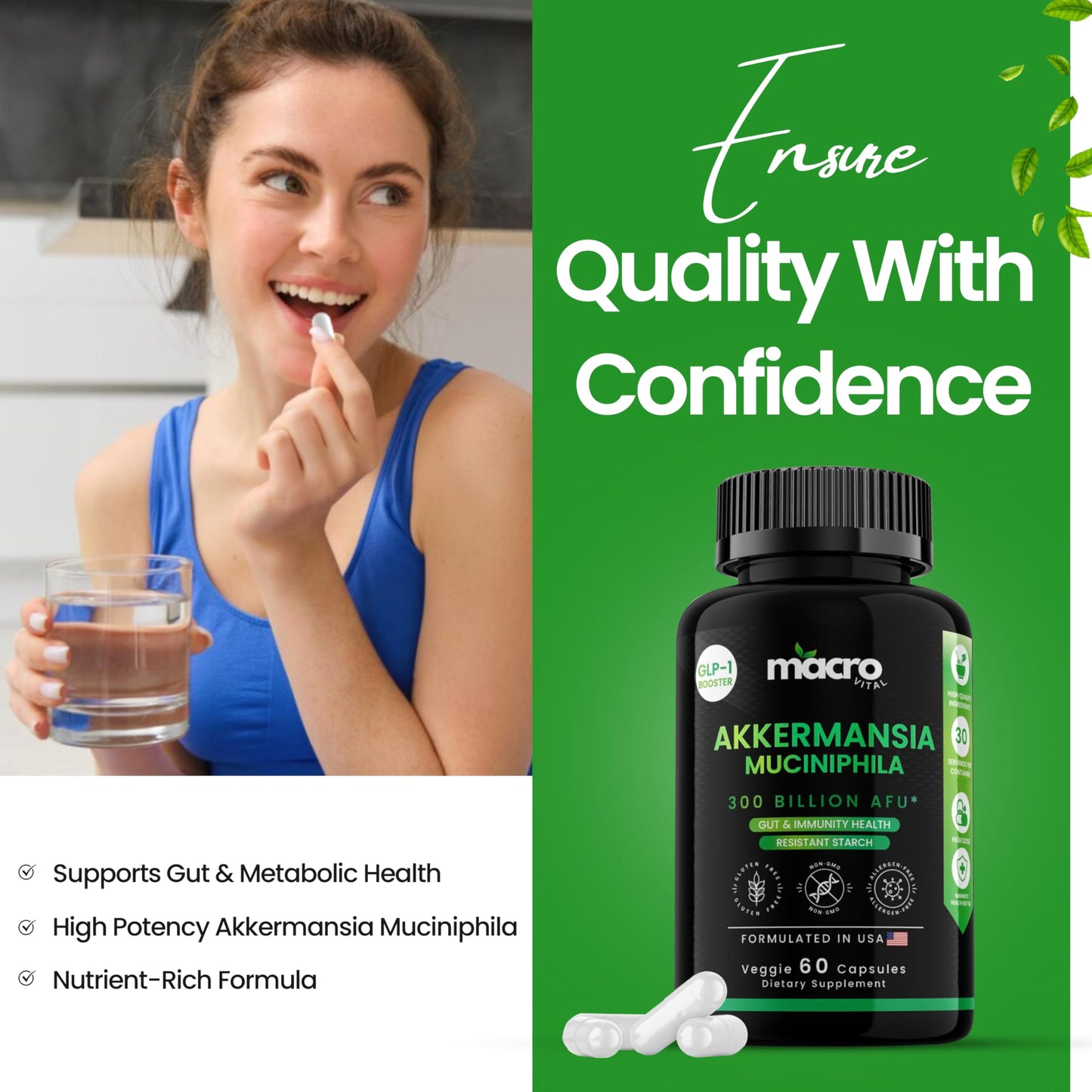 Akkermansia Muciniphila 300B AFU Probiotic for GLP-1 Support | Akka Superbiotics, 60 Veggie Capsules