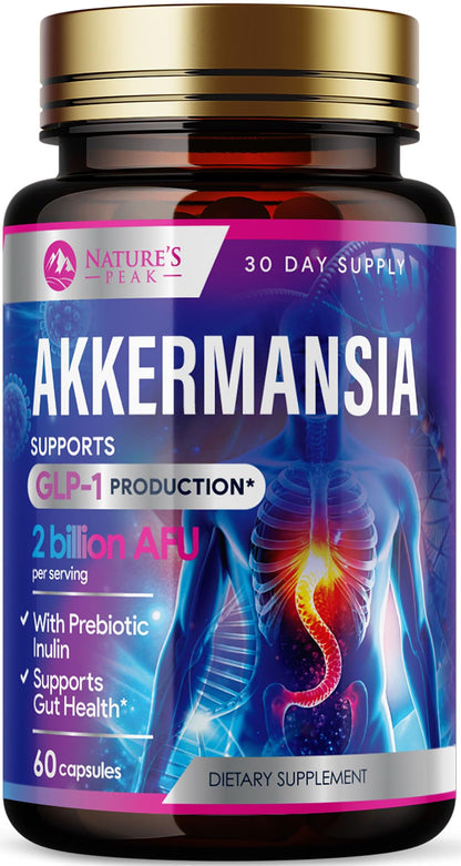 Akkermansia Probiotic Supplement - 2 Billion AFU GLP-1 with Prebiotic Fiber - 60 Capsules
