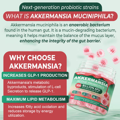 Akkermansia Probiotics Gummies with Prebiotics Fiber | 300 Billion AFU | Gut Health & Metabolism